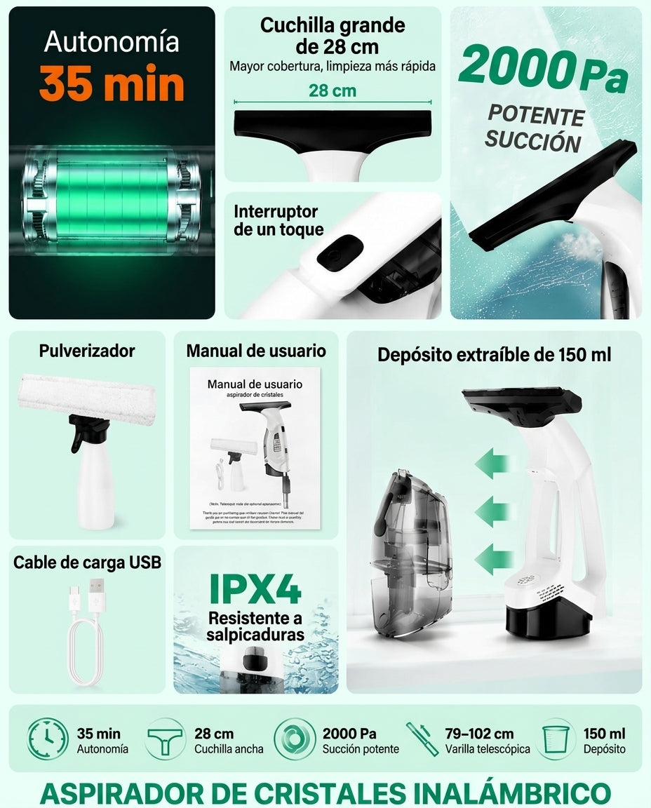 Limpiacristales aspirador inalámbrico recargable USB-C